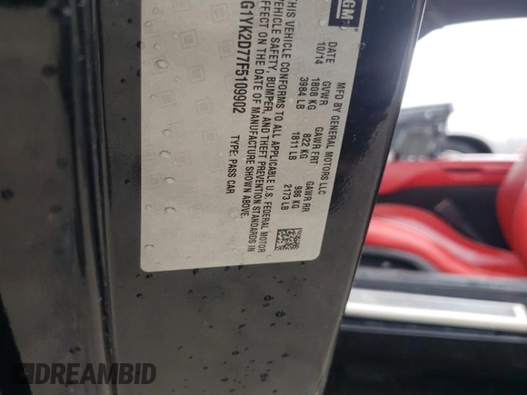 2015 Chevrolet Corvette Z51 2LT with VIN 1G1YK2D77F5109902, listed as a Copart auction lot 50784194 with 128,877 mi miles and Salvage title. Bid and sale history available at DreamBid. Image 13.