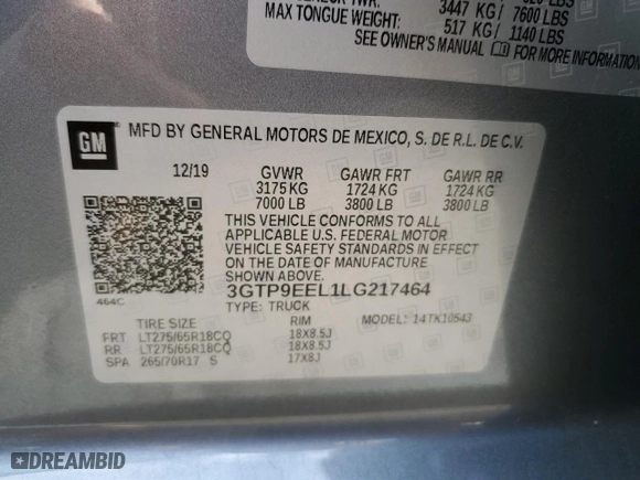 2020 GMC Sierra 1500 AT4 with VIN 3GTP9EEL1LG217464, listed as a Copart auction lot 83829564 with 47,510 mi miles and Salvage Title. Bid and sale history available at carsss.com. Image 14.