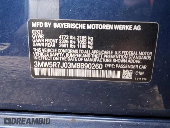 2021 BMW 3 Series 330i xDrive with VIN 3MW5R7J03M8B90260, listed as a Copart auction lot 52482935 with 31,373 mi miles and Salvage Title. Bid and sale history available at DreamBid. Image 12.