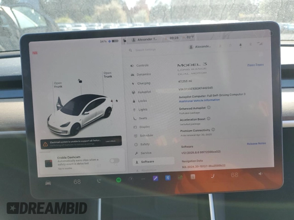 2019 Tesla Model 3 Long Range with VIN 5YJ3E1EB2KF442345, listed as a Copart auction lot 54063095 with 47,253 mi miles and Salvage Title. Bid and sale history available at carsss.com. Image 9.