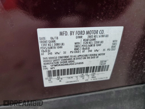 2018 Ford Explorer XLT с VIN 1FM5K8D86JGC21055, выставлен на аукционе Copart как лот 65515705 с пробегом 63 104 миль миль и Списание • Salvage title. История ставок и продаж доступна на DreamBid. Изображение 13.