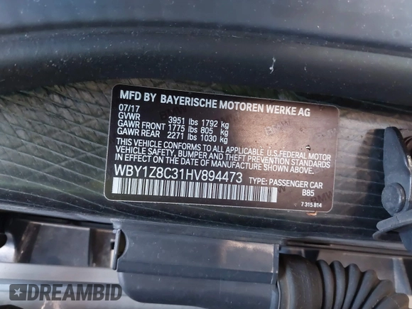 2017 BMW i3 z VIN WBY1Z8C31HV894473, wystawiony jako IAAI lot #41870525 z przebiegiem 96 414 mil mil oraz . Historia ofert i sprzedaży dostępna na DreamBid. Obrazek 9.