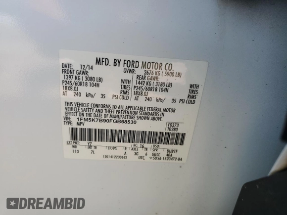 2015 Ford Explorer с VIN 1FM5K7B90FGB68530, выставлен на аукционе Copart как лот 60442485 с пробегом 118 174 миль миль и Списание • Salvage title. История ставок и продаж доступна на DreamBid. Изображение 14.