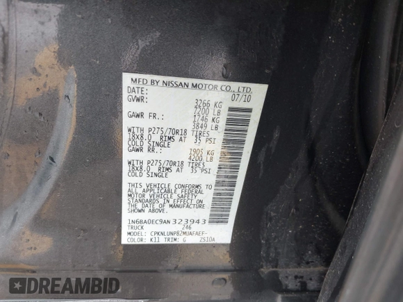 2010 Nissan Titan Pro-4X with VIN 1N6BA0EC9AN323943, listed as a IAAI auction lot 42795482 with 200,453 mi miles and . Bid and sale history available at DreamBid. Image 9.