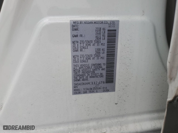 2023 Nissan Murano SV with VIN 5N1AZ2BJ4PC117676, listed as a Copart auction lot 44599135 with 8,930 mi miles and Salvage Title. Bid and sale history available at carsss.com. Image 14.