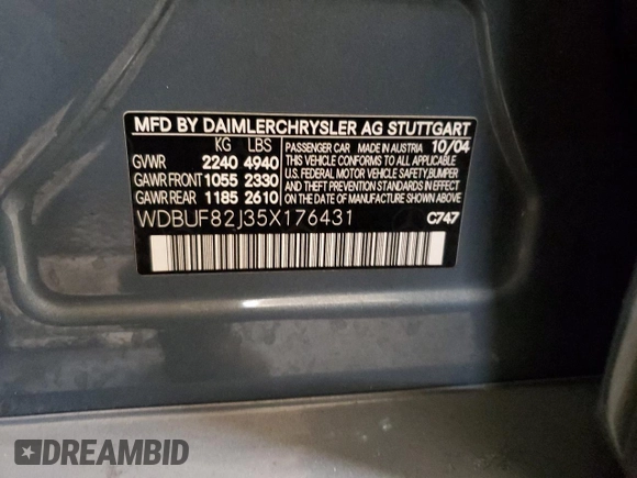 2005 Mercedes-Benz E 320 with VIN WDBUF82J35X176431, listed as a Copart auction lot 42909825 with 16,679 mi miles and Salvage Title. Bid and sale history available at DreamBid. Image 12.