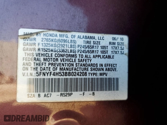 2011 Honda Pilot EX-L with VIN 5FNYF4H53BB024208, listed as a Copart auction lot 51215955 with 212,220 mi miles and Salvage Title. Bid and sale history available at DreamBid. Image 15.