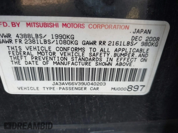 2009 Mitsubishi Lancer with VIN JA3AV66V39U040203, listed as a IAAI auction lot 41884811 with 117,429 mi miles and . Bid and sale history available at DreamBid. Image 9.