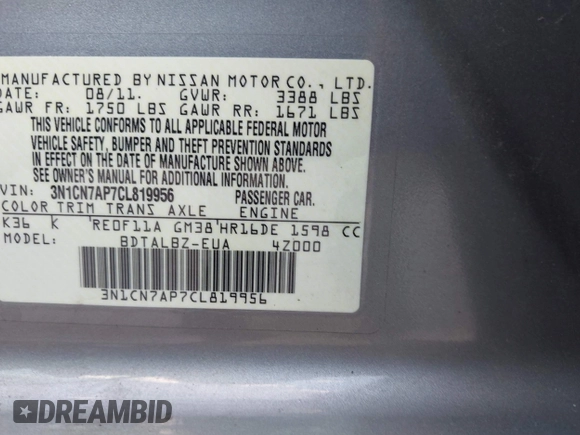 2012 Nissan Versa SV with VIN 3N1CN7AP7CL819956, listed as a IAAI auction lot 42578855 with 57,245 mi miles and . Bid and sale history available at DreamBid. Image 9.