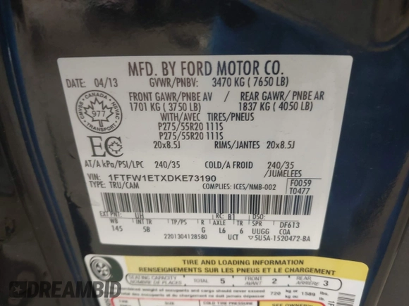2013 Ford F-150 XL с VIN 1FTFW1ETXDKE73190, выставлен на аукционе IAAI как лот 41739156 с пробегом 85 077 миль миль и . История ставок и продаж доступна на DreamBid. Изображение 9.
