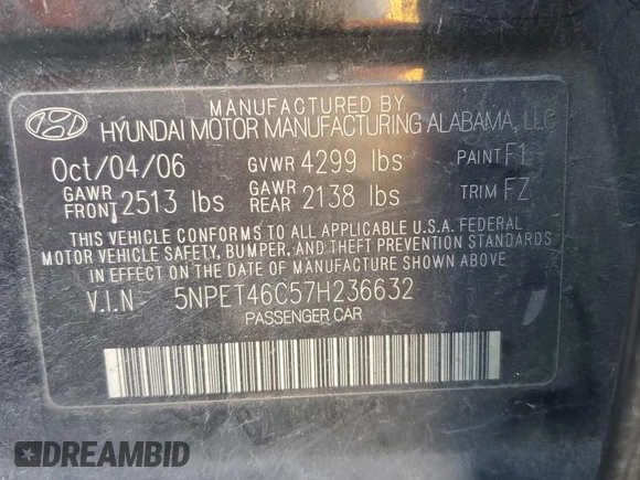 2007 Hyundai Sonata GLS with VIN 5NPET46C57H236632, listed as a Copart auction lot 43047295 with 475,610 mi miles and Salvage Title. Bid and sale history available at DreamBid. Image 12.