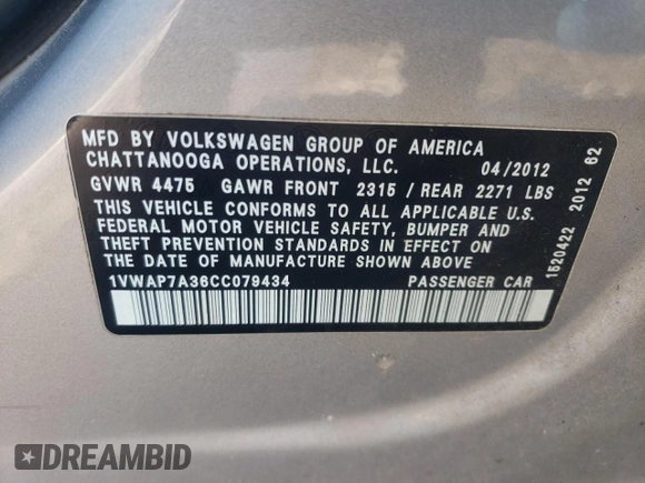 2012 Volkswagen Passat S w/Appearance with VIN 1VWAP7A36CC079434, listed as a Copart auction lot 41665765 with 151,895 mi miles and Salvage Title. Bid and sale history available at carsss.com. Image 13.