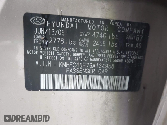 2006 Hyundai Azera SE с VIN KMHFC46F76A134958, выставлен на аукционе IAAI как лот 42314943 с пробегом 206 745 миль миль и . История ставок и продаж доступна на DreamBid. Изображение 9.