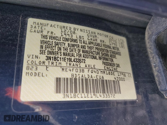 2009 Nissan Versa S with VIN 3N1BC11E19L433572, listed as a Copart auction lot 54084215 with 144,178 mi miles and Salvage title. Bid and sale history available at DreamBid. Image 13.