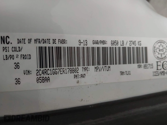 2014 Chrysler Town & Country Limited with VIN 2C4RC1GG7ER178802, listed as a IAAI auction lot 41863918 with 103,777 mi miles and . Bid and sale history available at DreamBid. Image 9.