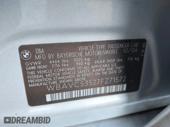 2007 BMW 3 Series 328i with VIN WBAVC53527FZ71572, listed as a IAAI auction lot 41948149 with 142,138 mi miles and . Bid and sale history available at carsss.com. Image 9.
