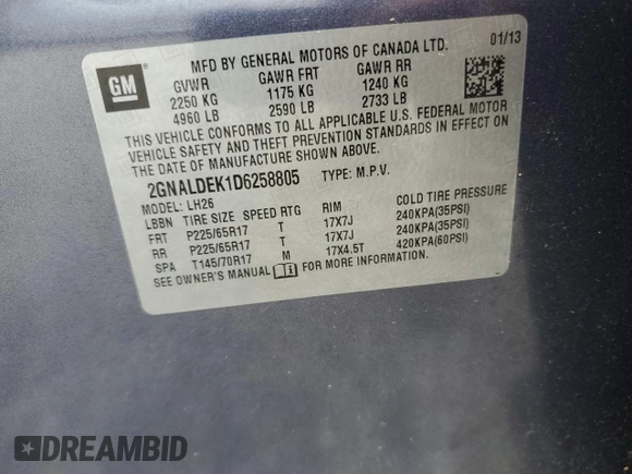 2013 Chevrolet Equinox LT with VIN 2GNALDEK1D6258805, listed as a Copart auction lot 51877075 with 79,730 mi miles and Salvage Title. Bid and sale history available at carsss.com. Image 13.