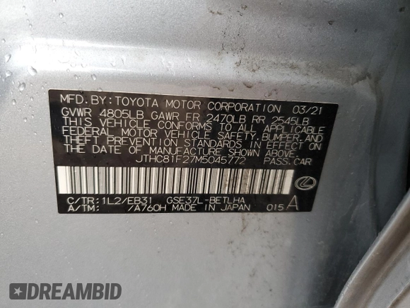 2021 Lexus IS 300 with VIN JTHC81F27M5045772, listed as a Copart auction lot 57782055 with 21,753 mi miles and Salvage title. Bid and sale history available at DreamBid. Image 12.