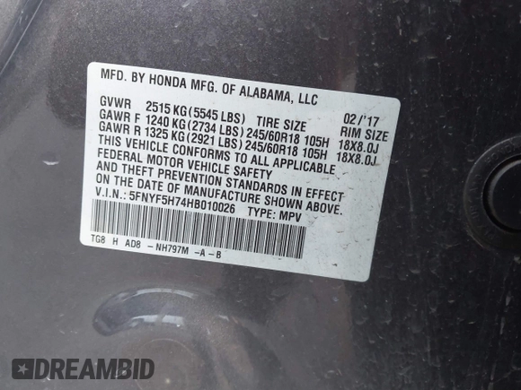 2017 Honda Pilot EX-L with VIN 5FNYF5H74HB010026, listed as a IAAI auction lot 41633770 with 170,383 mi miles and . Bid and sale history available at DreamBid. Image 9.