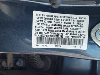 2016 Honda Civic Sedan EX-T with VIN 19XFC1F30GE025233, listed as a IAAI auction lot 41987604 with 129,311 mi miles. Bid and sale history available at carsss.com. Image 9.