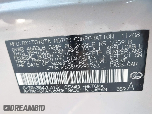 2009 Lexus ES 330 with VIN JTHBJ46G892297763, listed as a IAAI auction lot 42236610 with 144,025 mi miles and . Bid and sale history available at DreamBid. Image 9.