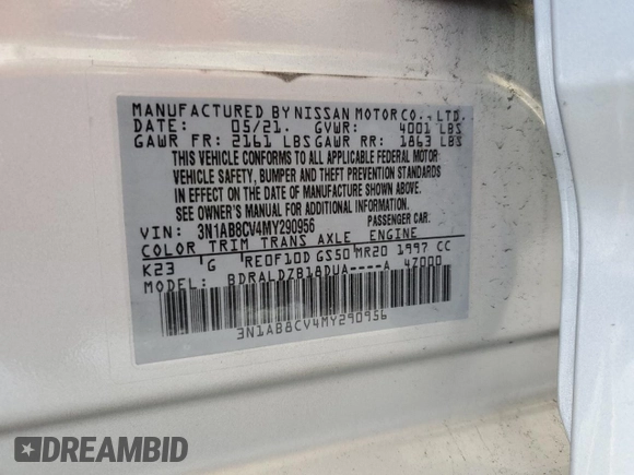 2021 Nissan Sentra SV z VIN 3N1AB8CV4MY290956, wystawiony jako Copart lot #57777055 z przebiegiem 37 856 mil mil oraz Szkoda całkowita • Salvage title. Historia ofert i sprzedaży dostępna na DreamBid. Obrazek 13.
