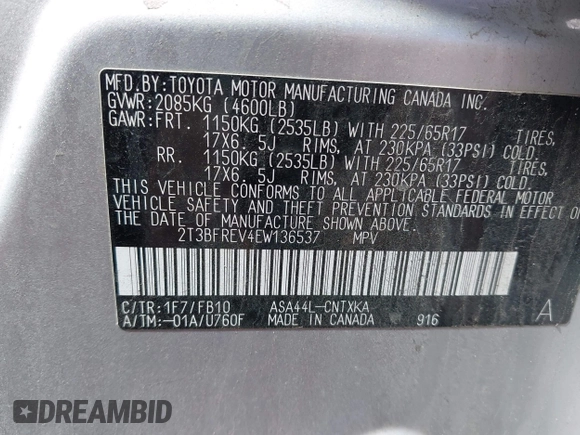 2014 Toyota RAV4 LE with VIN 2T3BFREV4EW136537, listed as a IAAI auction lot 42065728 with 211,039 mi miles and . Bid and sale history available at DreamBid. Image 9.