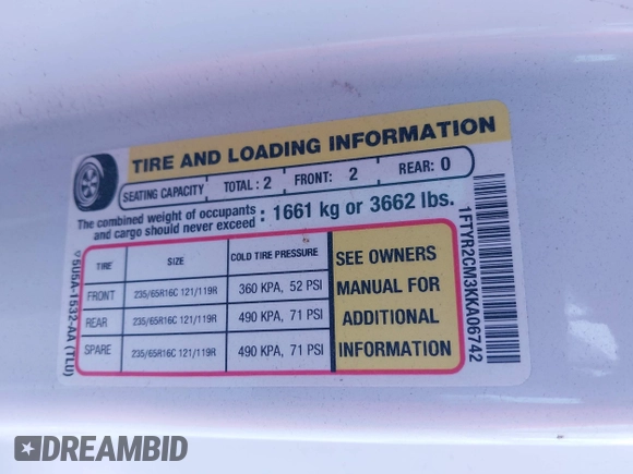 2019 Ford Transit with VIN 1FTYR2CM3KKA06742, listed as a IAAI auction lot 42062863 with 96,461 mi miles. Bid and sale history available at carsss.com. Image 9.