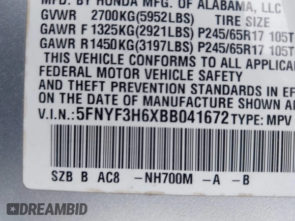 2011 Honda Pilot EX-L with VIN 5FNYF3H6XBB041672, listed as a IAAI auction lot 41337038 with 205,741 mi miles and . Bid and sale history available at DreamBid. Image 9.