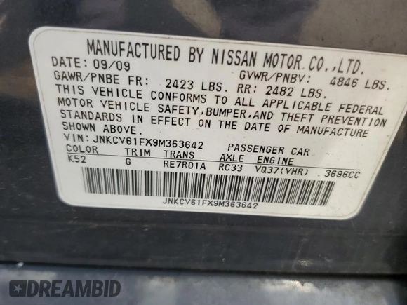 2009 Infiniti G37 x with VIN JNKCV61FX9M363642, listed as a Copart auction lot 55390905 with Not Provided miles and Clean Title. Bid and sale history available at carsss.com. Image 12.