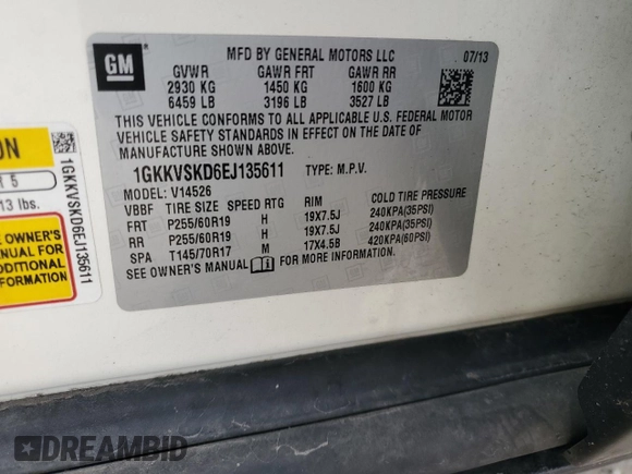 2014 GMC Acadia SLT z VIN 1GKKVSKD6EJ135611, wystawiony jako Copart lot #55728355 z przebiegiem 195 821 mil mil oraz Szkoda całkowita • Salvage title. Historia ofert i sprzedaży dostępna na DreamBid. Obrazek 13.