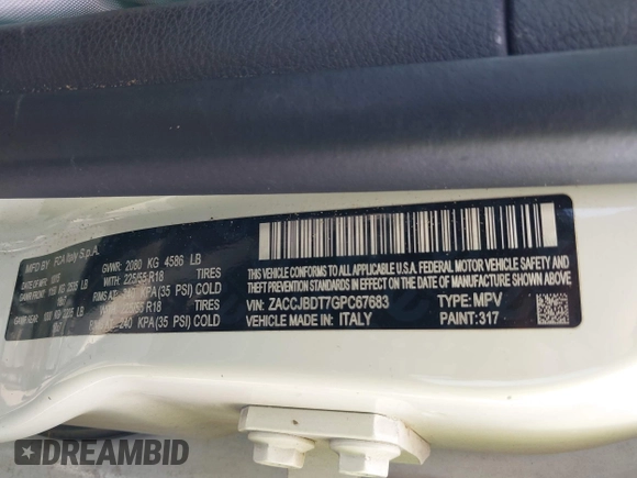 2016 Jeep Renegade Limited with VIN ZACCJBDT7GPC67683, listed as a IAAI auction lot 42401857 with 163,888 mi miles and . Bid and sale history available at DreamBid. Image 9.