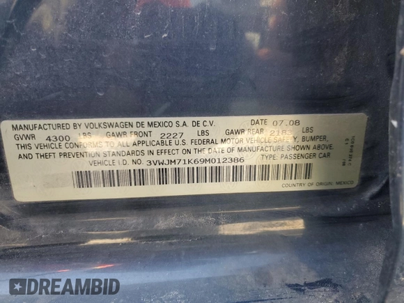 2009 Volkswagen Jetta S с VIN 3VWJM71K69M012386, выставлен на аукционе Copart как лот 52616555 с пробегом 150 322 миль миль и Списание • Salvage title. История ставок и продаж доступна на DreamBid. Изображение 15.