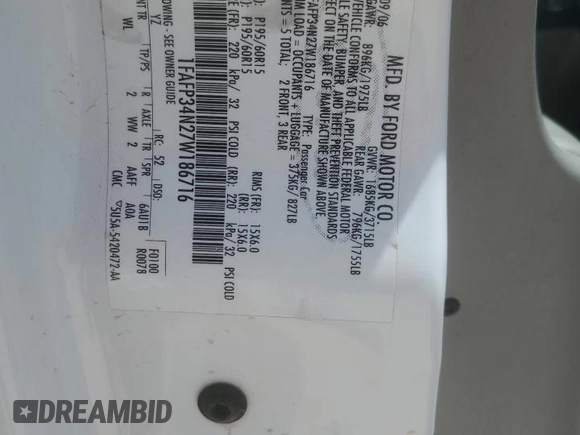 2007 Ford Focus S z VIN 1FAFP34N27W186716, wystawiony jako Copart lot #54894055 z przebiegiem 86 305 mil mil oraz Szkoda całkowita • Salvage title. Historia ofert i sprzedaży dostępna na DreamBid. Obrazek 12.