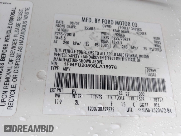 2008 Ford Expedition Limited with VIN 1FMFU20598LA15978, listed as a IAAI auction lot 42187942 with 185,814 mi miles and . Bid and sale history available at DreamBid. Image 9.