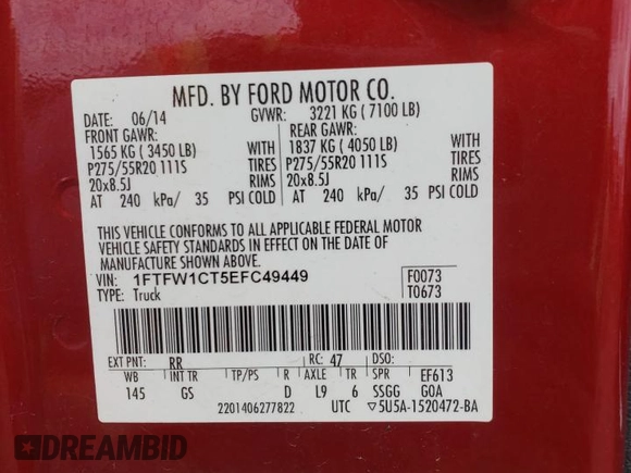 2014 Ford F-150 XL with VIN 1FTFW1CT5EFC49449, listed as a Copart auction lot 53208175 with 151,627 mi miles and Salvage title. Bid and sale history available at DreamBid. Image 12.