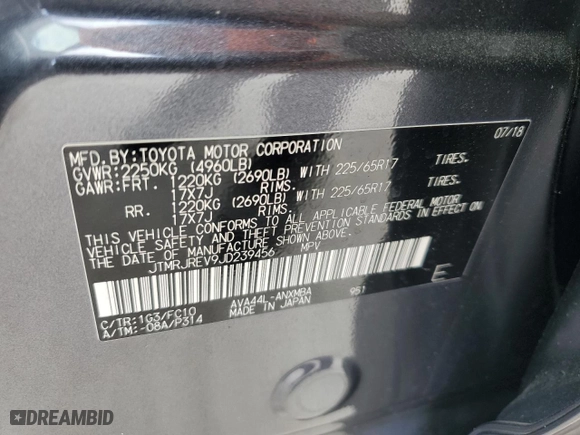 2018 Toyota RAV4 Hybrid LE Plus with VIN JTMRJREV9JD239456, listed as a Copart auction lot 47794485 with 128,136 mi miles and Salvage Title. Bid and sale history available at carsss.com. Image 15.
