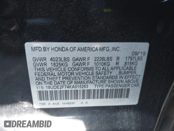 2019 Acura ILX Premium with VIN 19UDE2F74KA015263, listed as a IAAI auction lot 41997753 with 57,673 mi miles and . Bid and sale history available at DreamBid. Image 9.