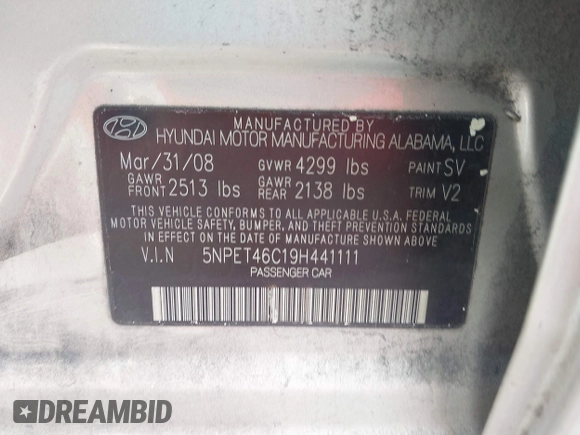 2009 Hyundai Sonata GLS with VIN 5NPET46C19H441111, listed as a IAAI auction lot 42313394 with 154,810 mi miles and . Bid and sale history available at DreamBid. Image 9.