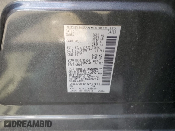 2013 Nissan Pathfinder Platinum with VIN 5N1AR2MM6DC672311, listed as a Copart auction lot 58985895 with 160,552 mi miles and Salvage title. Bid and sale history available at DreamBid. Image 13.