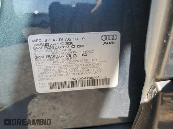 2011 Audi Q5 3.2L Premium Plus with VIN WA1DKAFP4BA043561, listed as a Copart auction lot 49169415 with 162,473 mi miles and Salvage Title. Bid and sale history available at carsss.com. Image 13.
