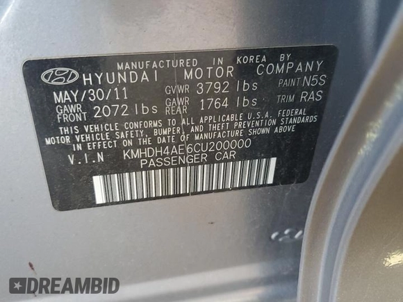 2012 Hyundai Elantra Limited z VIN KMHDH4AE6CU200000, wystawiony jako Copart lot #54315775 z przebiegiem 23 709 mil mil oraz Szkoda całkowita • Salvage title. Historia ofert i sprzedaży dostępna na DreamBid. Obrazek 13.