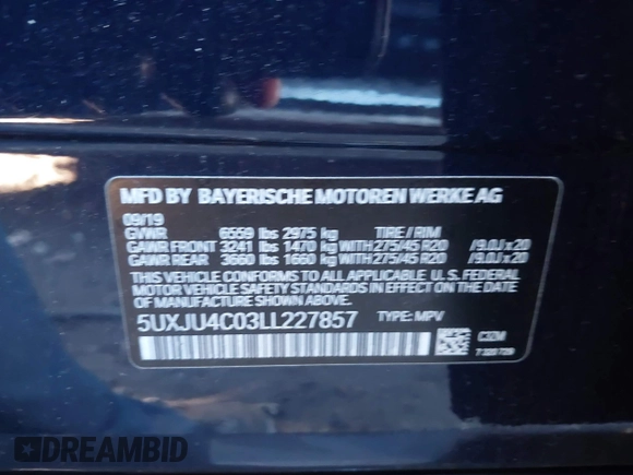 2020 BMW X5 M50i with VIN 5UXJU4C03LL227857, listed as a IAAI auction lot 41351112 with 65,325 mi miles and . Bid and sale history available at DreamBid. Image 9.