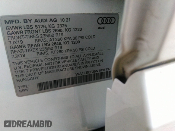 2022 Audi Q3 S line Premium Plus with VIN WA1EECF35N1035137, listed as a IAAI auction lot 42279961 with 43,458 mi miles and . Bid and sale history available at DreamBid. Image 9.