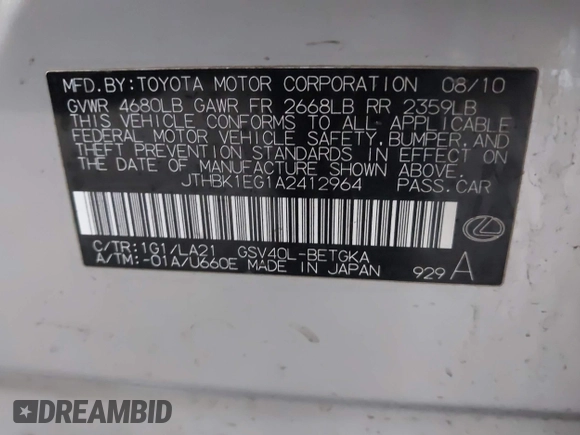 2010 Lexus ES 330 with VIN JTHBK1EG1A2412964, listed as a IAAI auction lot 41421625 with 151,426 mi miles and . Bid and sale history available at DreamBid. Image 9.
