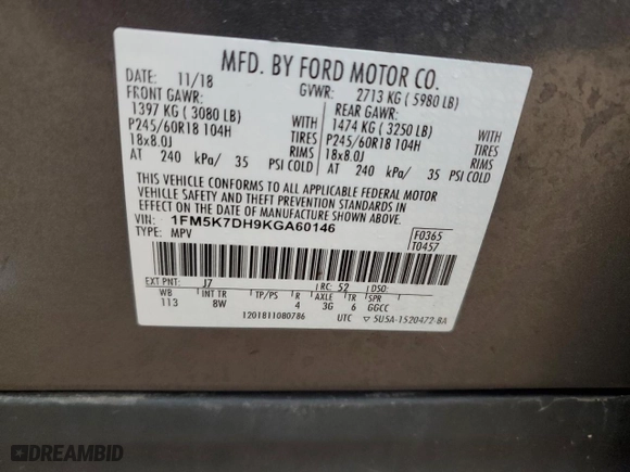 2019 Ford Explorer XLT with VIN 1FM5K7DH9KGA60146, listed as a Copart auction lot 87445104 with 64,549 mi miles and Salvage Title. Bid and sale history available at carsss.com. Image 13.