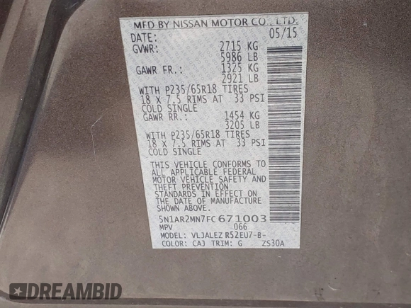2015 Nissan Pathfinder S с VIN 5N1AR2MN7FC671003, выставлен на аукционе IAAI как лот 42447755 с пробегом 289 537 миль миль и . История ставок и продаж доступна на DreamBid. Изображение 9.