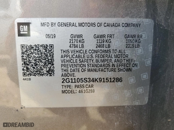 2019 Chevrolet Impala Premier with VIN 2G1105S34K9151286, listed as a Copart auction lot 43357365 with NaN miles and Salvage Title. Bid and sale history available at carsss.com. Image 12.