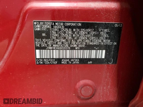 2013 Toyota RAV4 LE with VIN JTMBFREV6DD020378, listed as a Copart auction lot 56040085 with 235,298 mi miles and Salvage title. Bid and sale history available at DreamBid. Image 13.