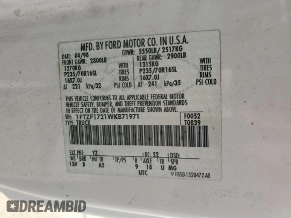 1998 Ford F-150 with VIN 1FTZF1721WKB71971, listed as a Copart auction lot 44221315 with 141,692 mi miles and Clean title. Bid and sale history available at DreamBid. Image 12.